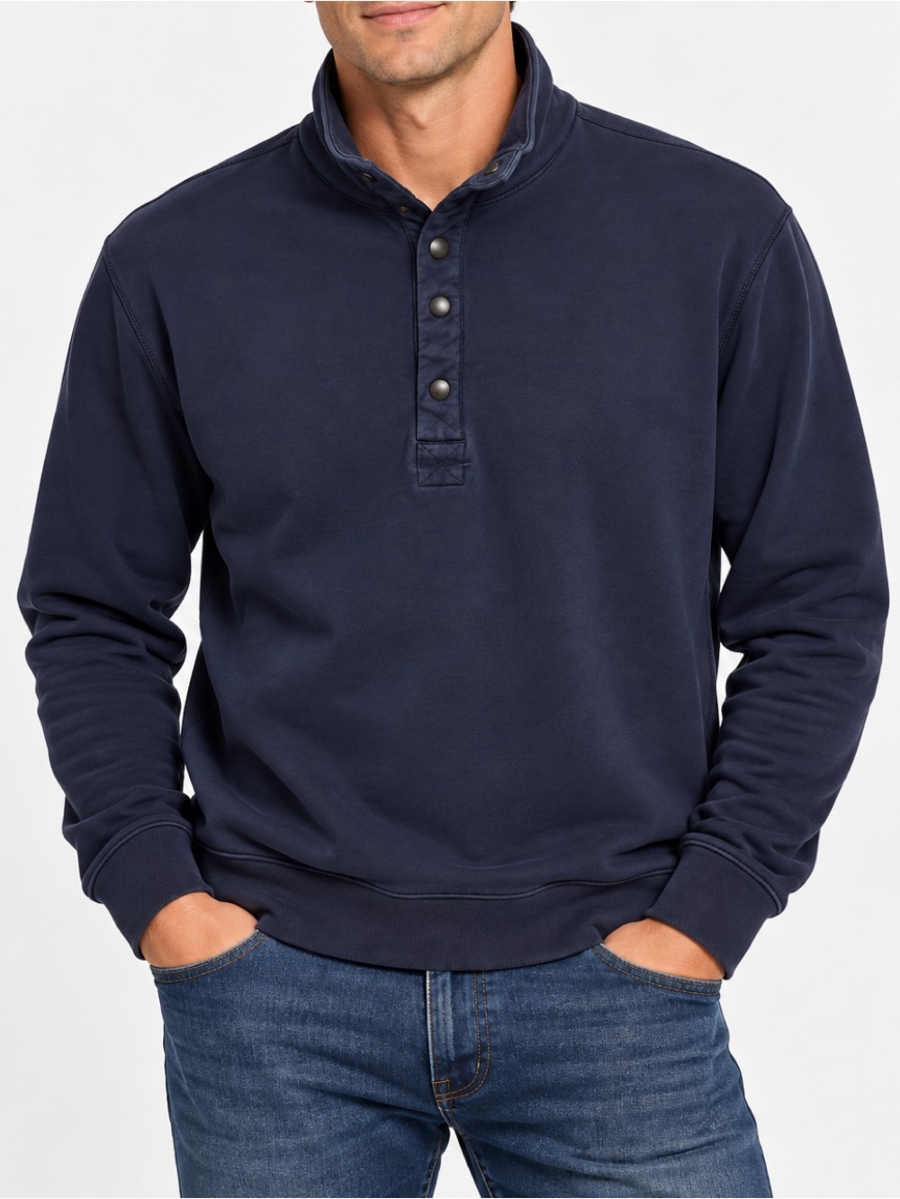 Relwen Mens M Navy Blue Cotton Snap Neck Pullover Sweatshirt Mock Neck